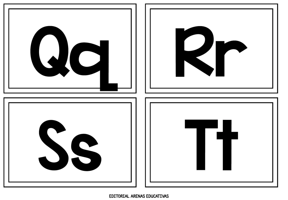 Qq, Rr, Ss and Tt flashcards pairing each uppercase shape with its lowercase partner so students can identify them by name
