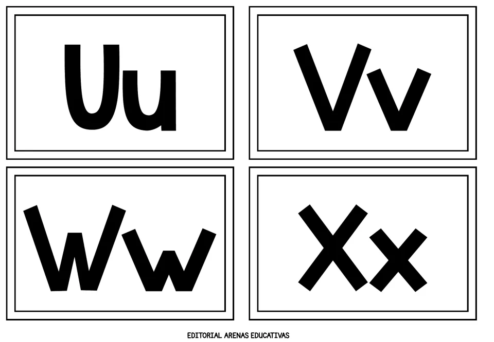 Flashcards Uu, Vv, Ww and Xx in bold print: students say each letter name and point to the capital and lowercase shapes
