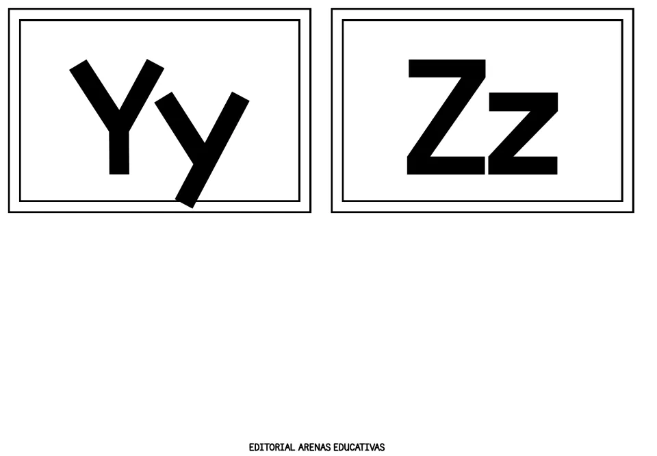 Final alphabet cards Yy and Zz showing the capital and lowercase forms to finish the A to Z letter recognition set