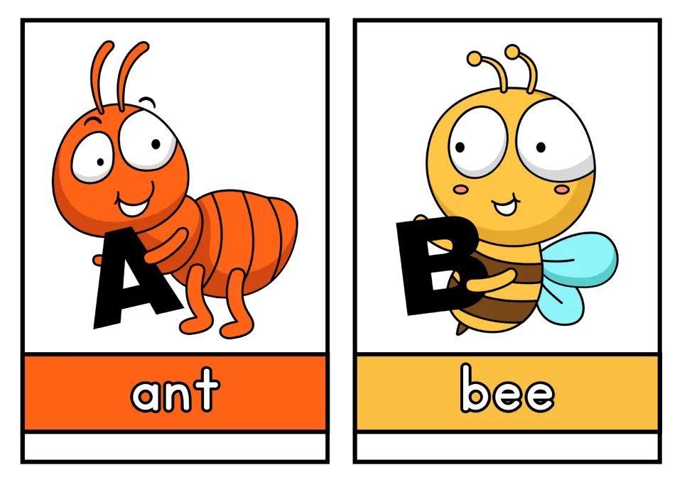 Animal alphabet cards A and B: an ant and a bee pictured with uppercase letters and lowercase animal names