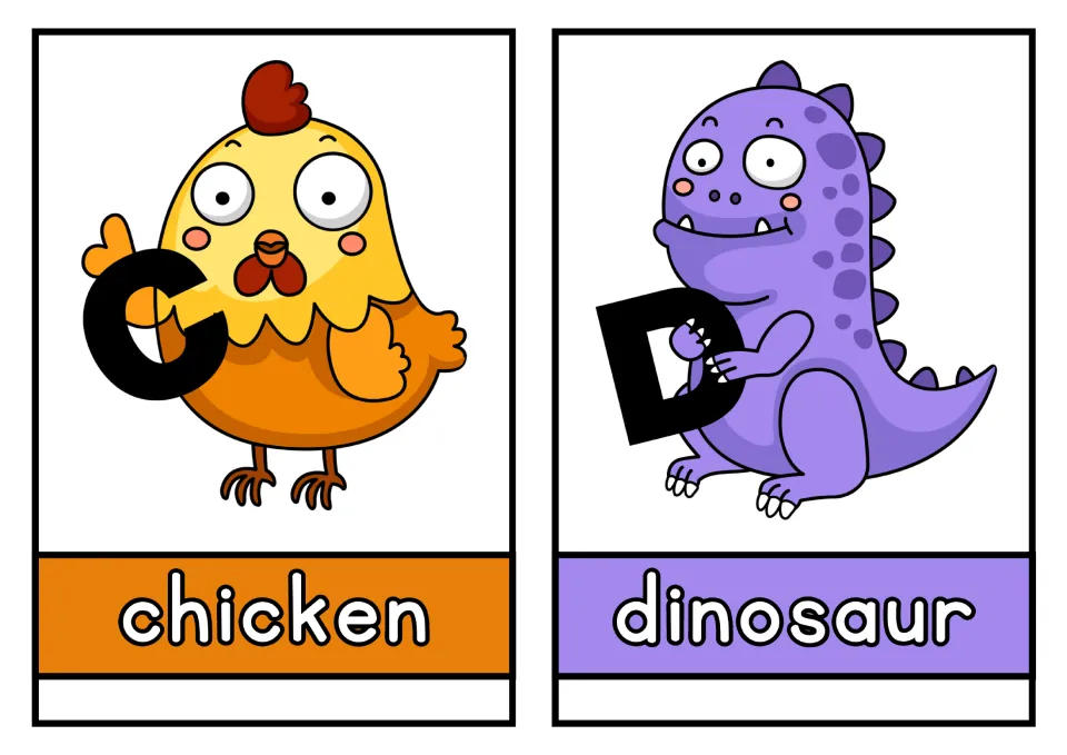 Animal alphabet cards C and D: chicken and dinosaur pictures paired with uppercase letters and lowercase names