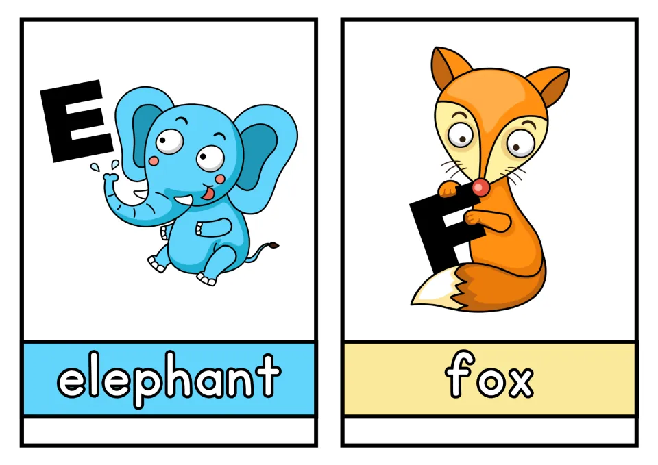 Animal alphabet cards E and F: elephant and fox pictures paired with uppercase letters and lowercase names