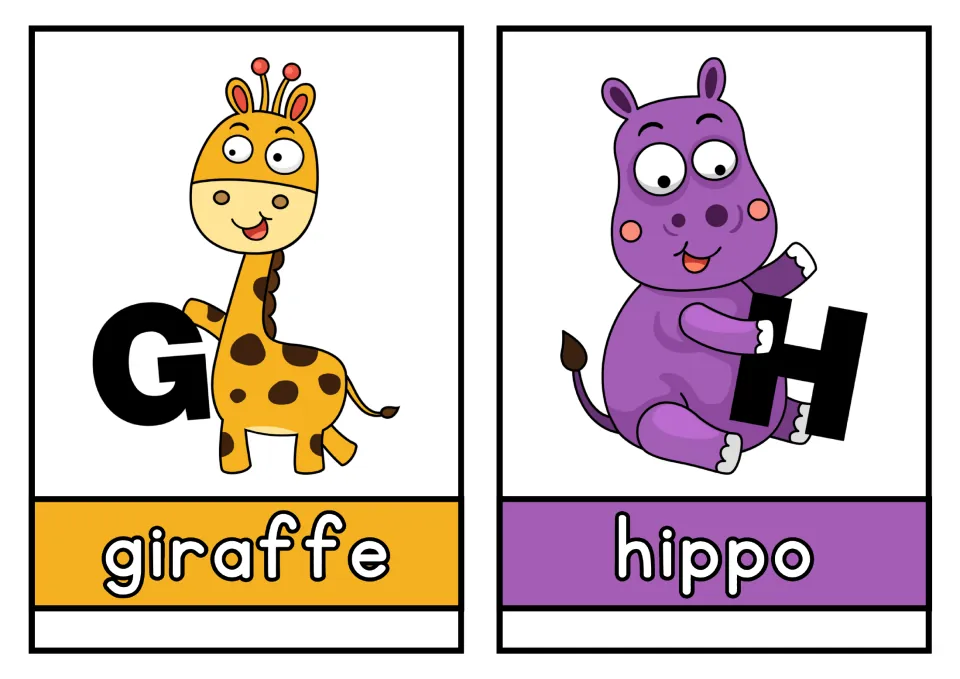 Animal alphabet cards G and H: giraffe and hippo pictures paired with uppercase letters and lowercase names