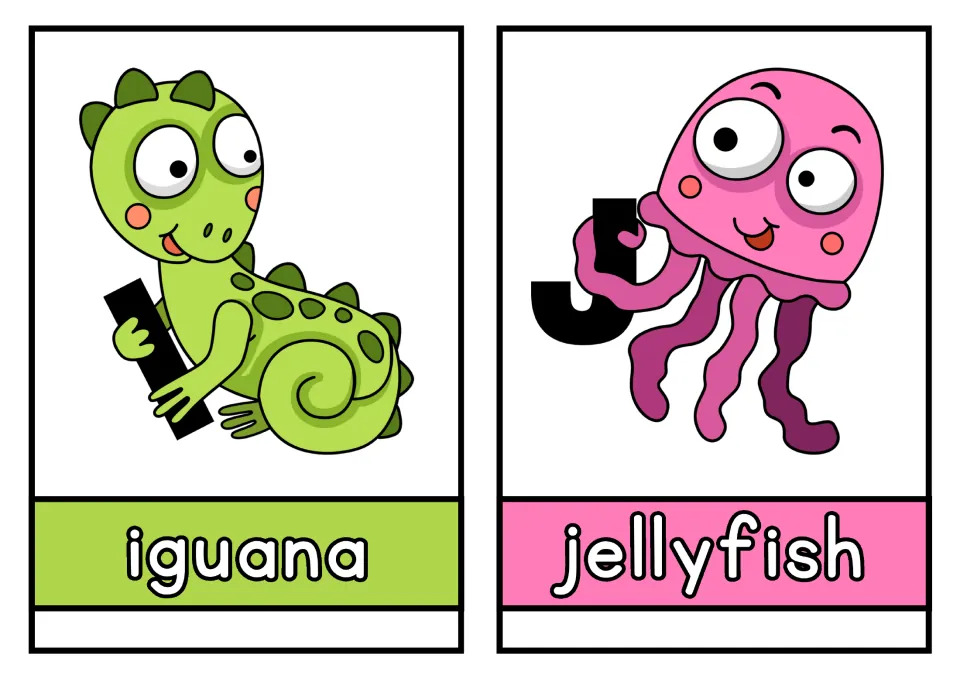 Animal alphabet cards I and J: iguana and jellyfish pictures paired with uppercase letters and lowercase names