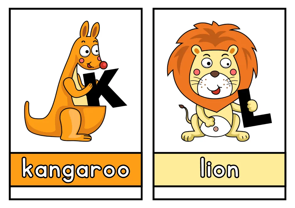Animal alphabet cards K and L: kangaroo and lion pictures paired with uppercase letters and lowercase names