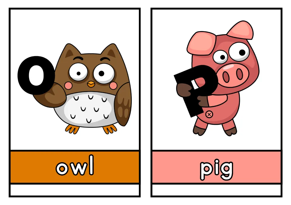 Animal alphabet cards O and P: an owl and a pig pictured with uppercase letters and lowercase animal names