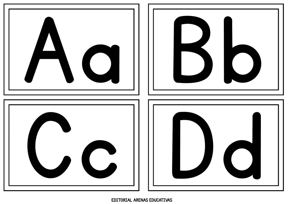 Alphabet flashcards 1–4 of 26 show uppercase and lowercase letter pairs Aa, Bb, Cc, and Dd in black.