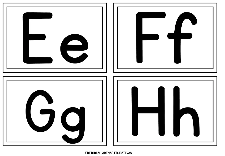 Alphabet flashcards 5–8 of 26 show uppercase and lowercase letter pairs Ee, Ff, Gg, and Hh in black.
