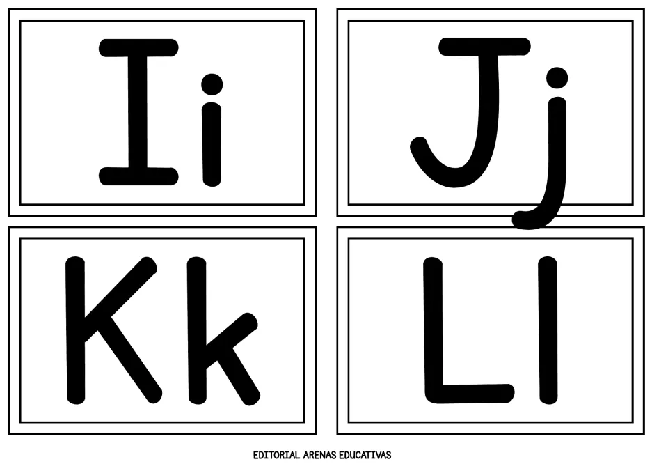 Alphabet flashcards 9–12 of 26 show uppercase and lowercase letter pairs Ii, Jj, Kk, and Ll in black.