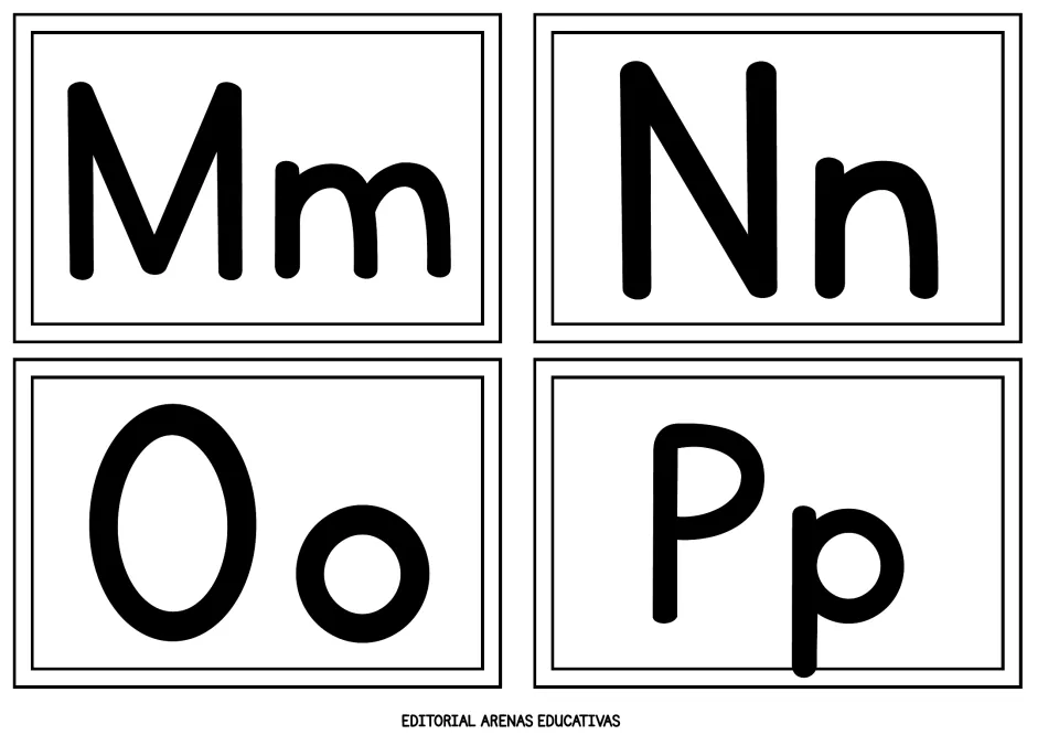 Alphabet flashcards 13–16 of 26 show uppercase and lowercase letter pairs Mm, Nn, Oo, and Pp in black.