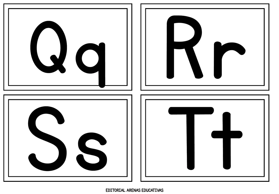Alphabet flashcards 17–20 of 26 show uppercase and lowercase letter pairs Qq, Rr, Ss, and Tt in black.