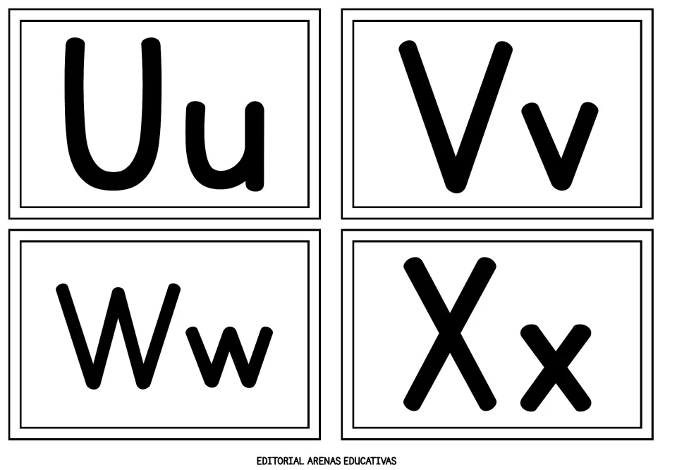 Alphabet flashcards 21–24 of 26 show uppercase and lowercase letter pairs Uu, Vv, Ww, and Xx in black.