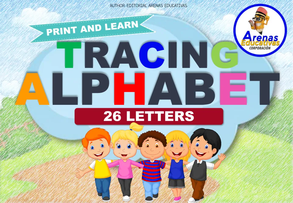 Tracing Alphabet 26 Letters cover: Print and Learn banner, colorful title letters and five cartoon children on a path
