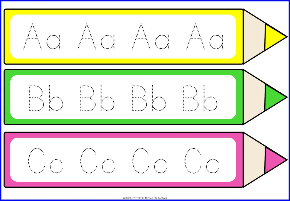Letters A, B and C handwriting practice: students trace dotted Aa, Bb and Cc four times each on colorful pencil strips