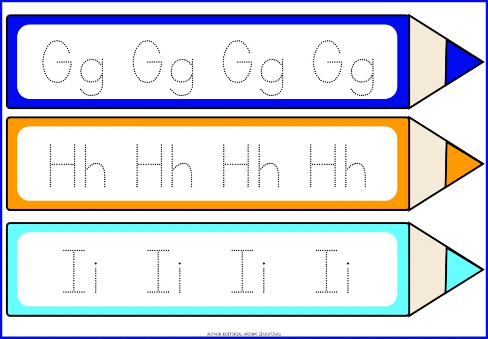 Letters G, H and I tracing: students follow the dots to form capital and small Gg, Hh and Ii, four pairs per pencil