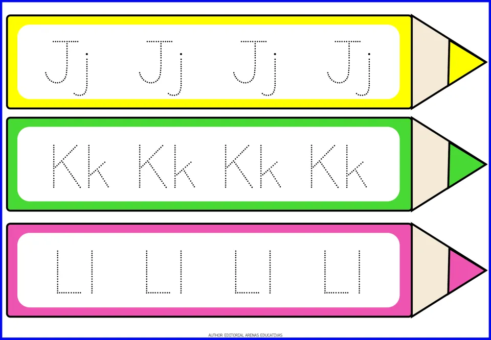 Letters J, K and L letter formation: students trace dotted Jj, Kk and Ll, writing upper and lowercase pair four times