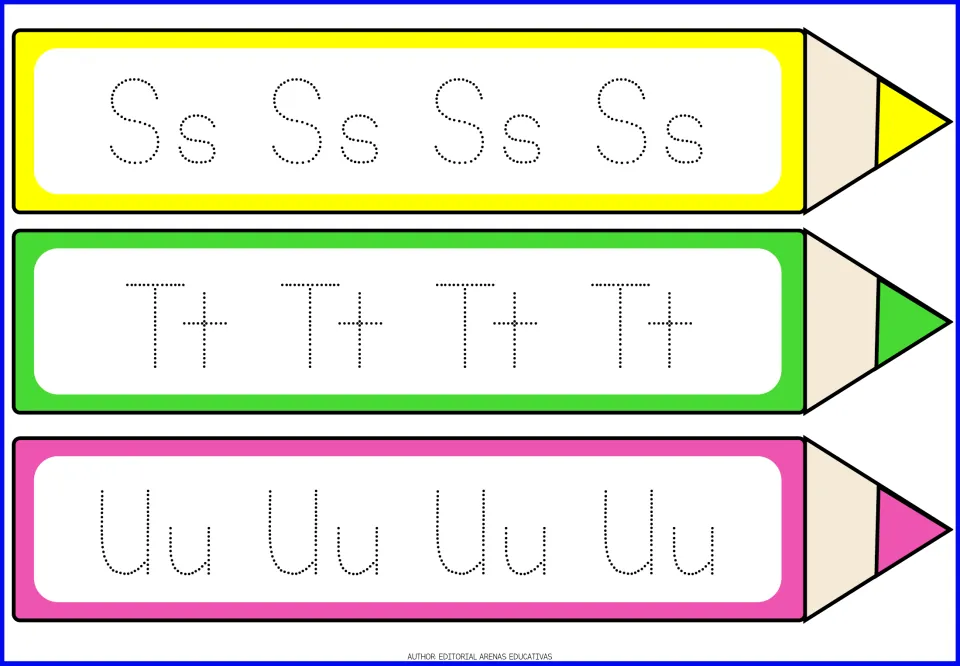 Letters S, T and U handwriting practice: students trace dotted pairs Ss, Tt and Uu four times on colored pencil strips