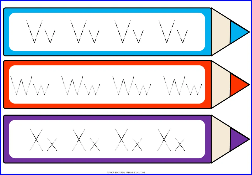 Letters V, W and X tracing: students follow dotted lines to write capital and lowercase Vv, Ww and Xx four times each