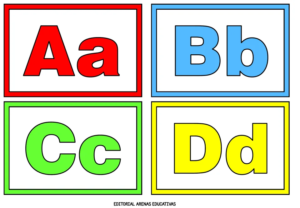 Alphabet flashcards 1–4 of 26 show uppercase and lowercase pairs Aa, Bb, Cc and Dd in four colors