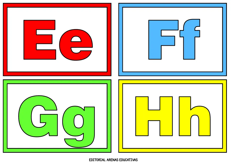 Alphabet flashcards 5–8 of 26 show uppercase and lowercase pairs Ee, Ff, Gg and Hh in four colors