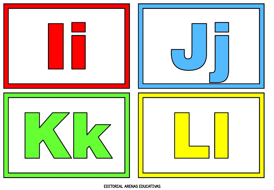 Alphabet flashcards 9–12 of 26 show uppercase and lowercase pairs Ii, Jj, Kk and Ll in four colors
