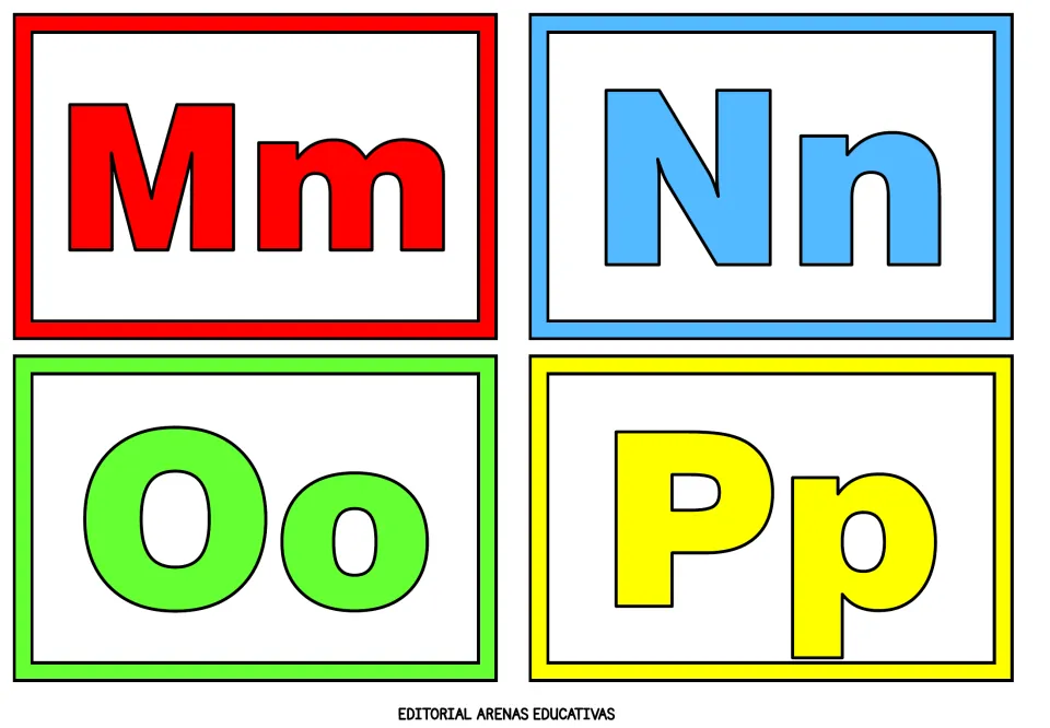 Alphabet flashcards 13–16 of 26 show uppercase and lowercase pairs Mm, Nn, Oo and Pp in four colors