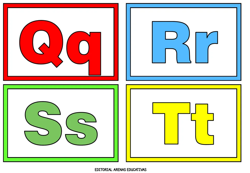 Alphabet flashcards 17–20 of 26 show uppercase and lowercase pairs Qq, Rr, Ss and Tt in four colors