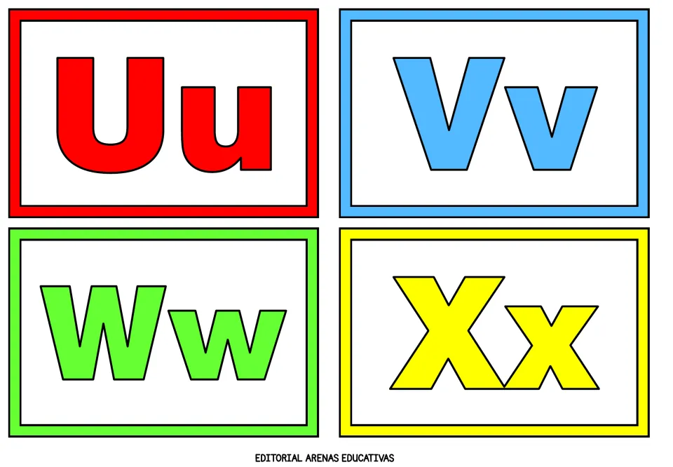 Alphabet flashcards 21–24 of 26 show uppercase and lowercase pairs Uu, Vv, Ww and Xx in four colors
