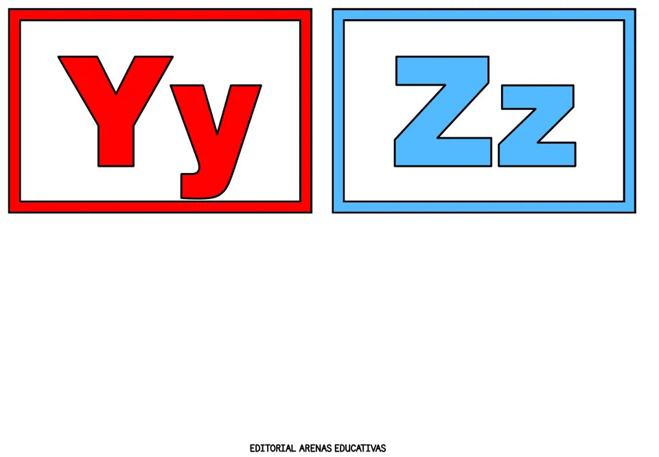 Alphabet flashcards 25–26 of 26 show the final uppercase and lowercase pairs: Yy in red and Zz in blue