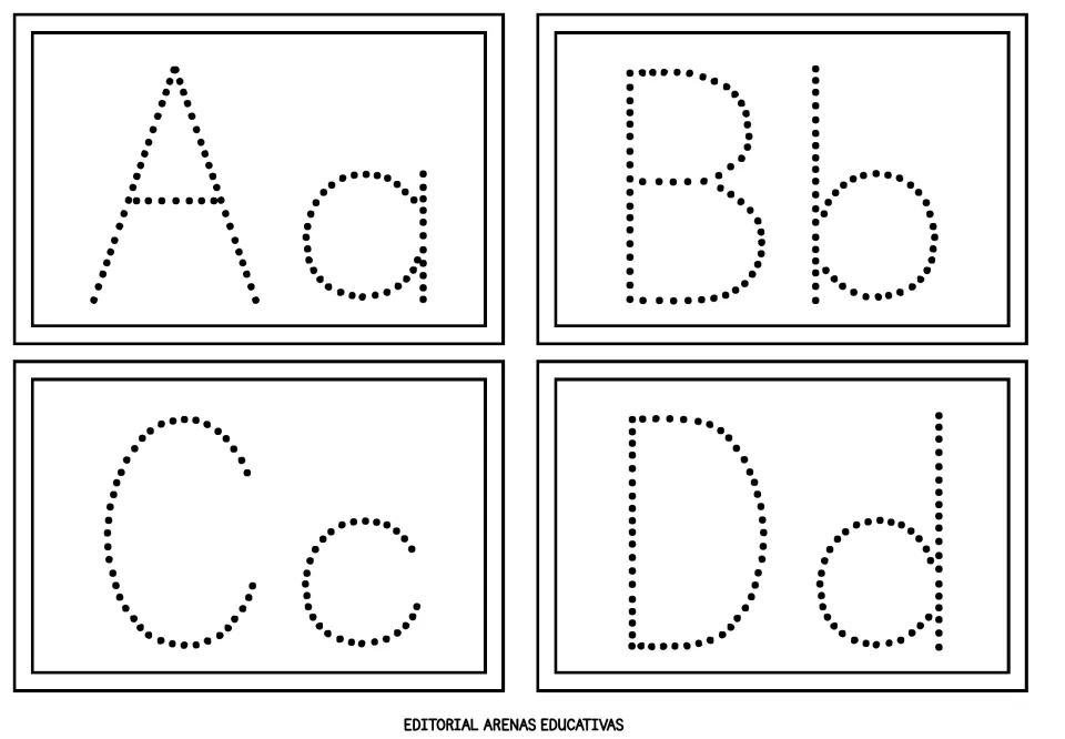 Alphabet flashcards 1–4 of 26: dotted uppercase and lowercase A/a, B/b, C/c, and D/d for letter practice