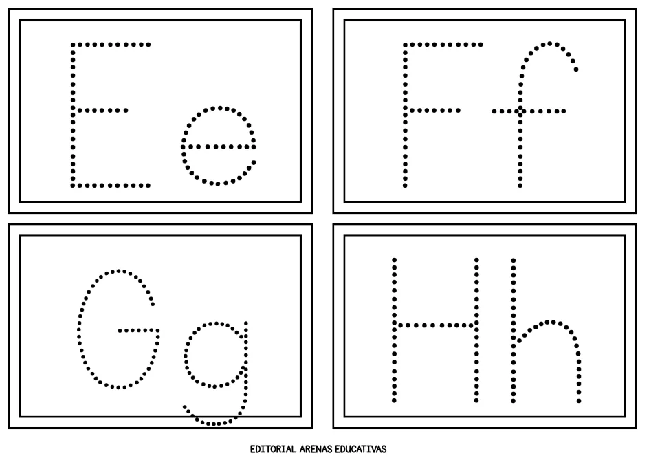 Alphabet flashcards 5–8 of 26: dotted uppercase and lowercase E/e, F/f, G/g, and H/h for letter practice