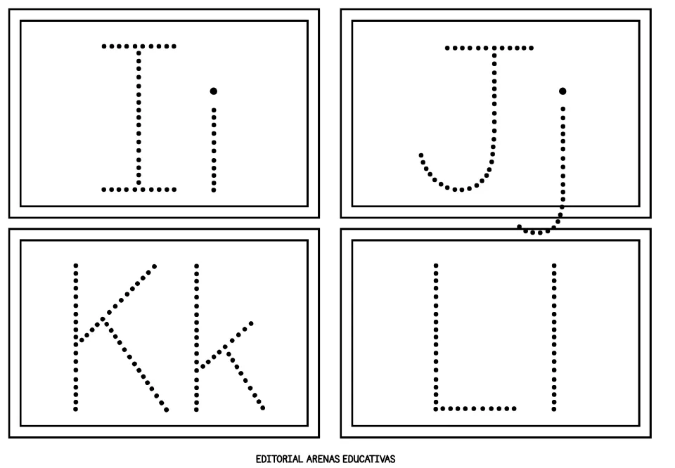 Alphabet flashcards 9–12 of 26: dotted uppercase and lowercase I/i, J/j, K/k, and L/l for letter practice