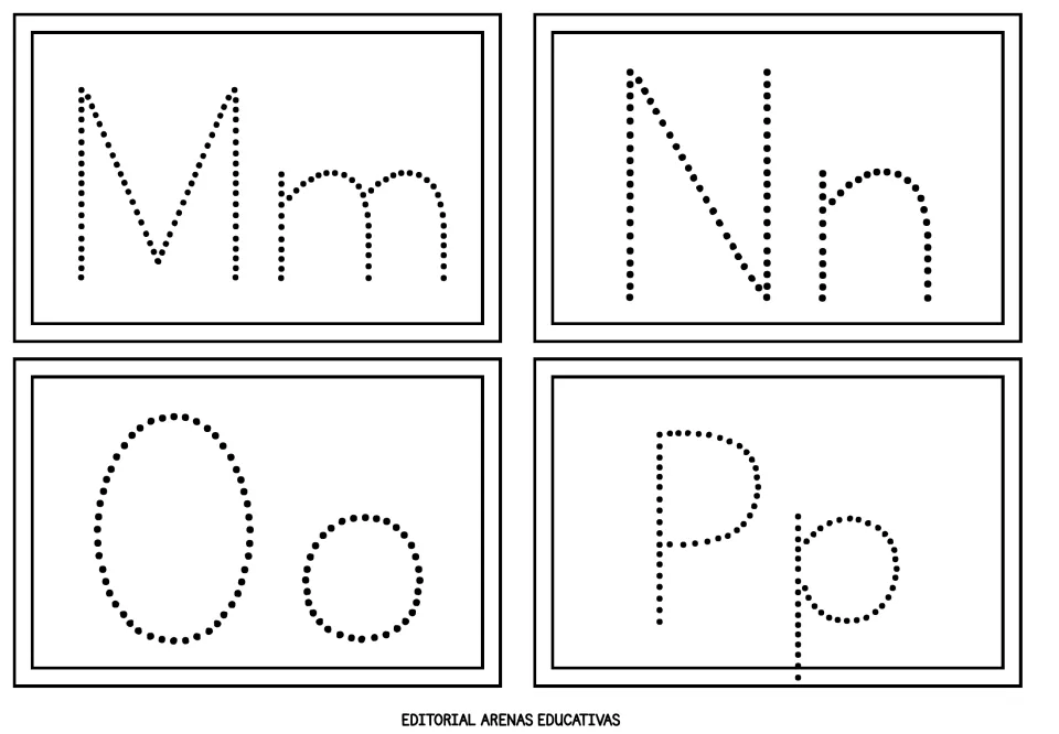 Alphabet flashcards 13–16 of 26: dotted uppercase and lowercase M/m, N/n, O/o, and P/p for letter practice
