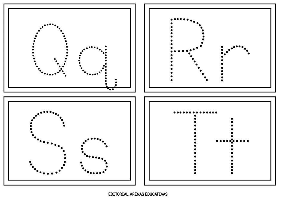 Alphabet flashcards 17–20 of 26: dotted uppercase and lowercase Q/q, R/r, S/s, and T/t for letter practice