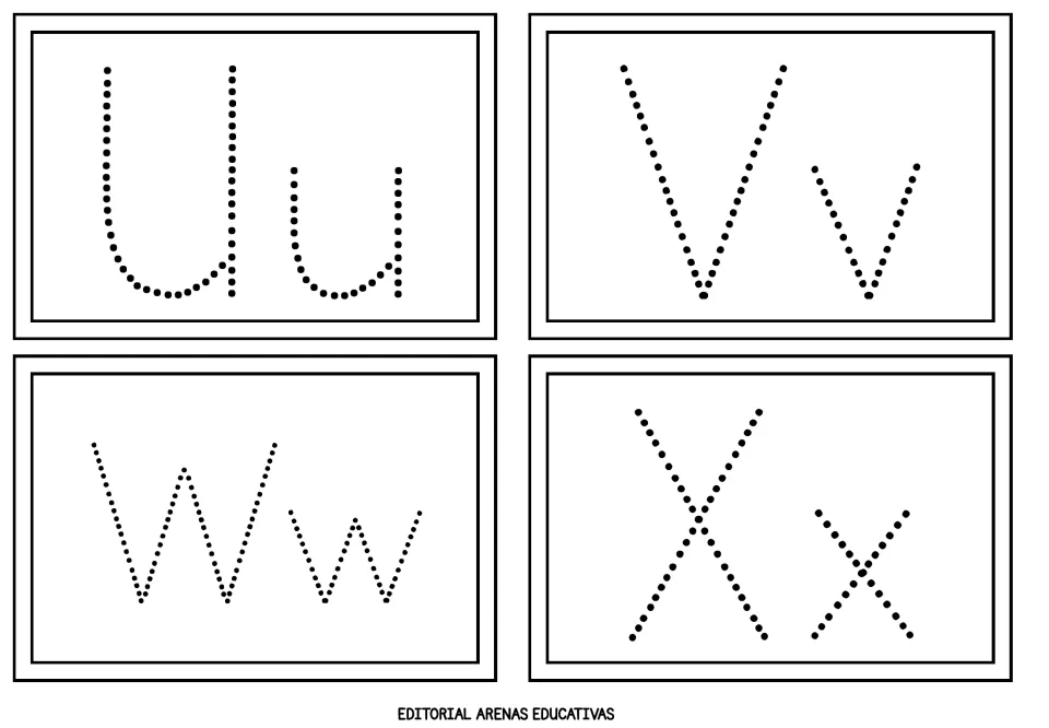 Alphabet flashcards 21–24 of 26: dotted uppercase and lowercase U/u, V/v, W/w, and X/x for letter practice