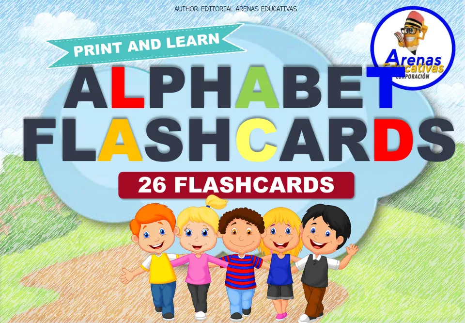 Alphabet Flashcards cover: Print and Learn banner, 26 flashcards label and five smiling cartoon children on a path