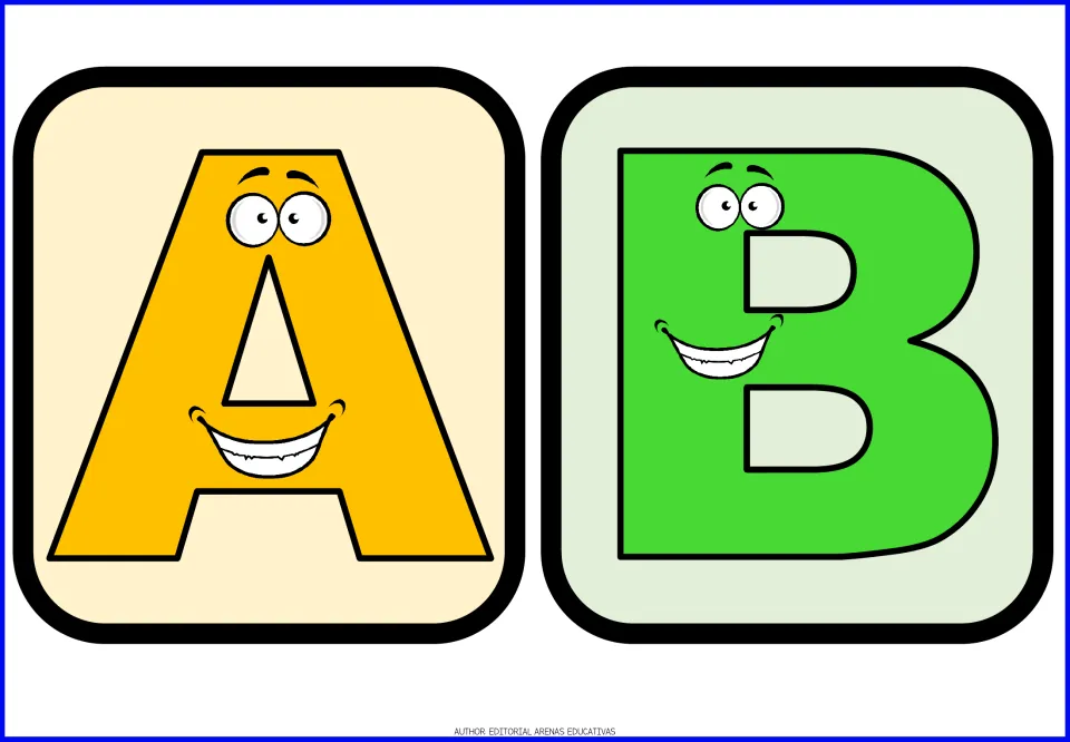 Letters A and B flashcards: a smiling yellow A and green B with cartoon eyes for uppercase letter recognition practice
