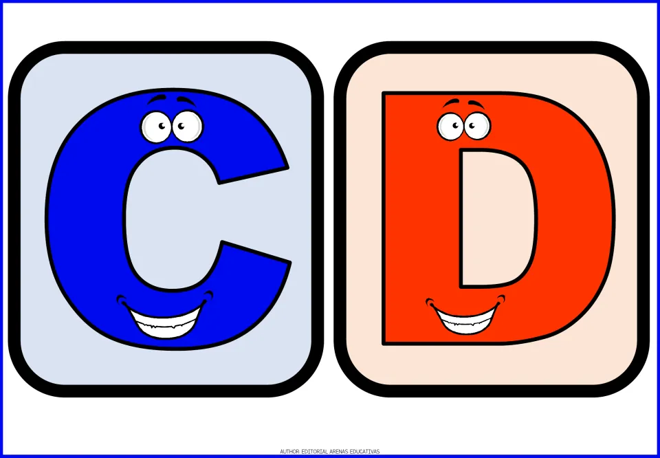 Letters C and D flashcards: a grinning blue C and red-orange D with cartoon faces for naming capital letters aloud