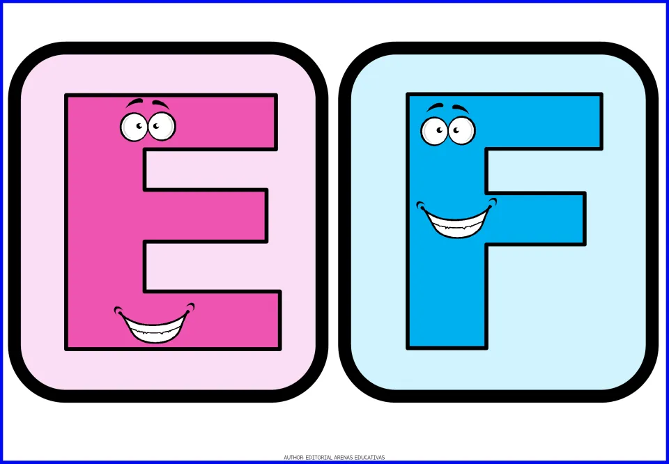 Letters E and F flashcards: a smiling pink E and light blue F with googly eyes for uppercase letter identification