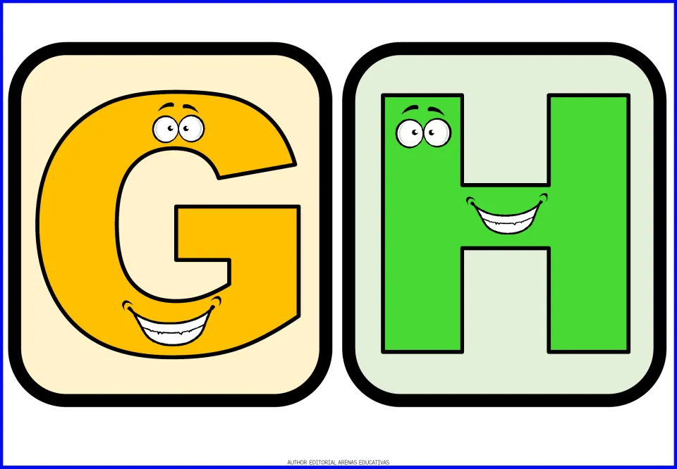 Letters G and H flashcards: a cheerful yellow G and green H with cartoon faces for practising capital letter names