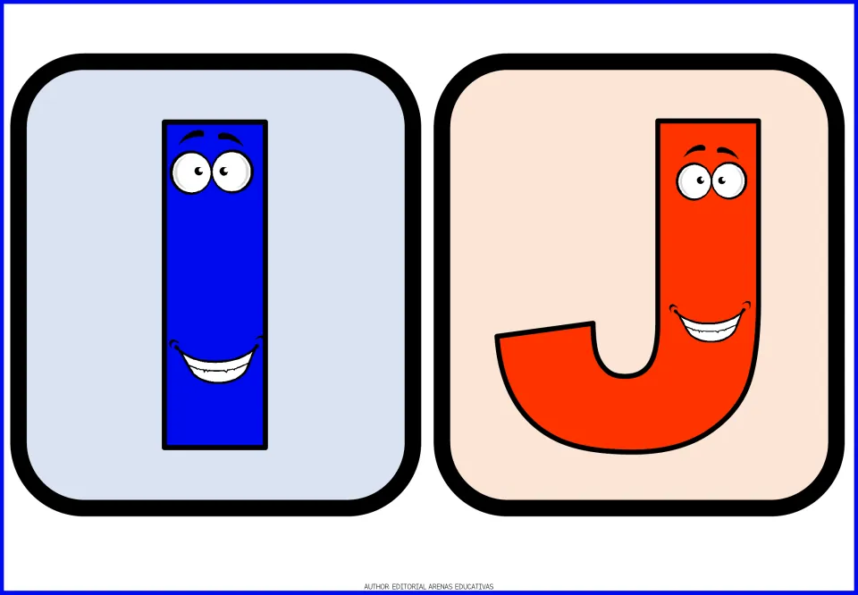 Letters I and J flashcards: a tall blue I and red-orange J with smiling faces for recognizing uppercase letters