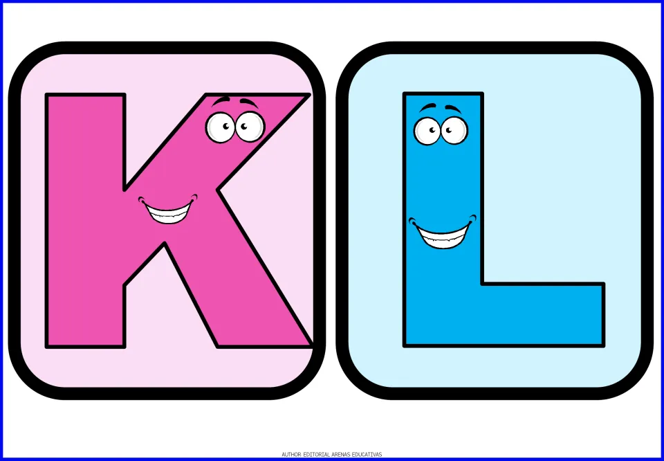 Letters K and L flashcards: a smiling pink K and light blue L with cartoon eyes for alphabet recognition drills