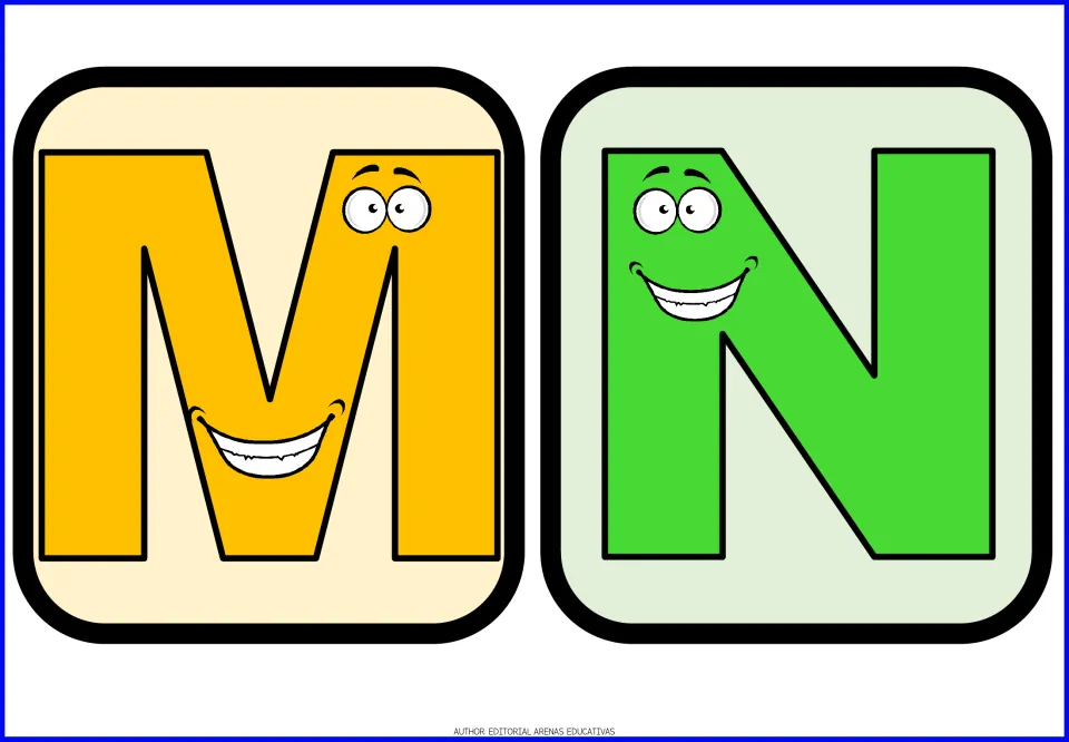 Letters M and N flashcards: a grinning yellow M and green N with cartoon faces for identifying capital letters