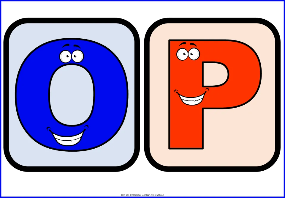 Letters O and P flashcards: a smiling blue O and red-orange P with googly eyes for uppercase letter recognition