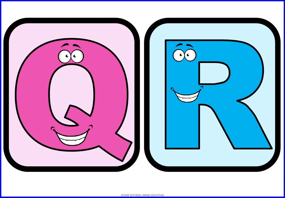 Letters Q and R flashcards: a grinning pink Q and light blue R with cartoon faces for naming letters of the alphabet