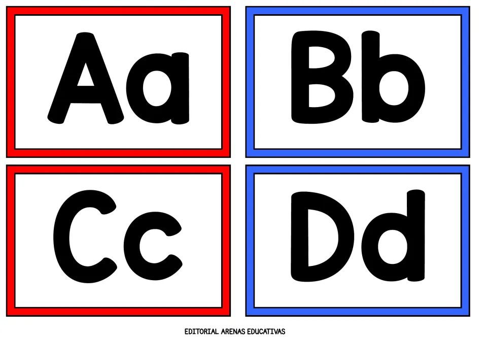 Letters Aa, Bb, Cc and Dd: four printable flashcards showing each capital and lowercase letter pair for letter recognition