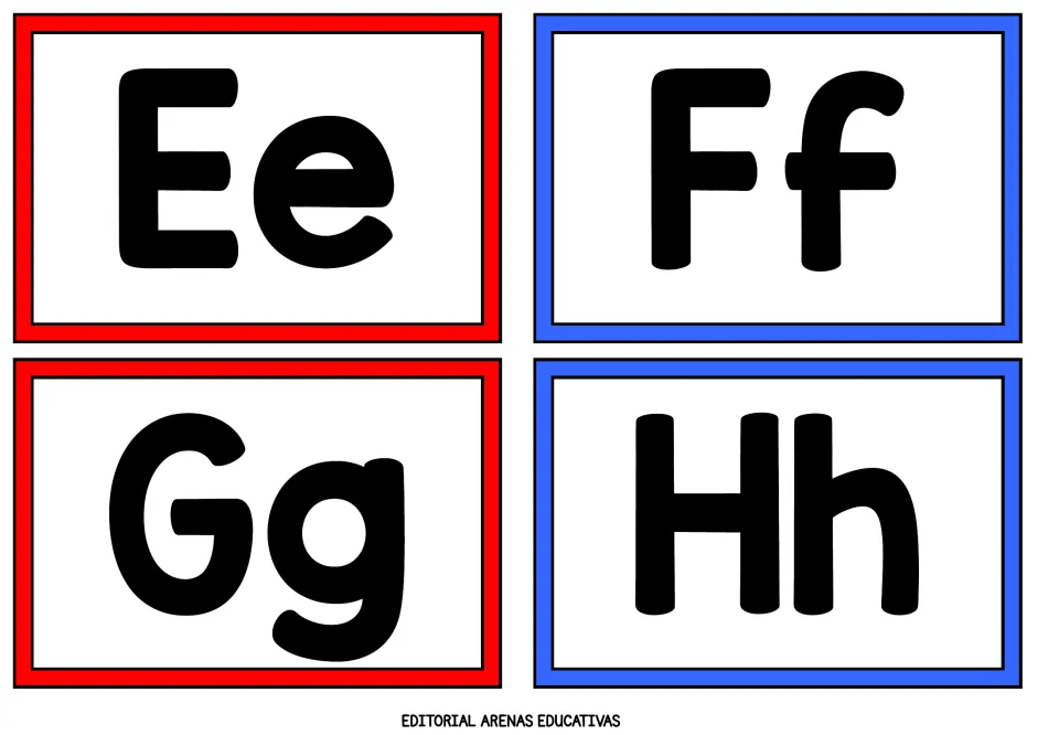 Letters Ee, Ff, Gg and Hh: students name each uppercase and lowercase pair on four flashcards to practise letter recognition