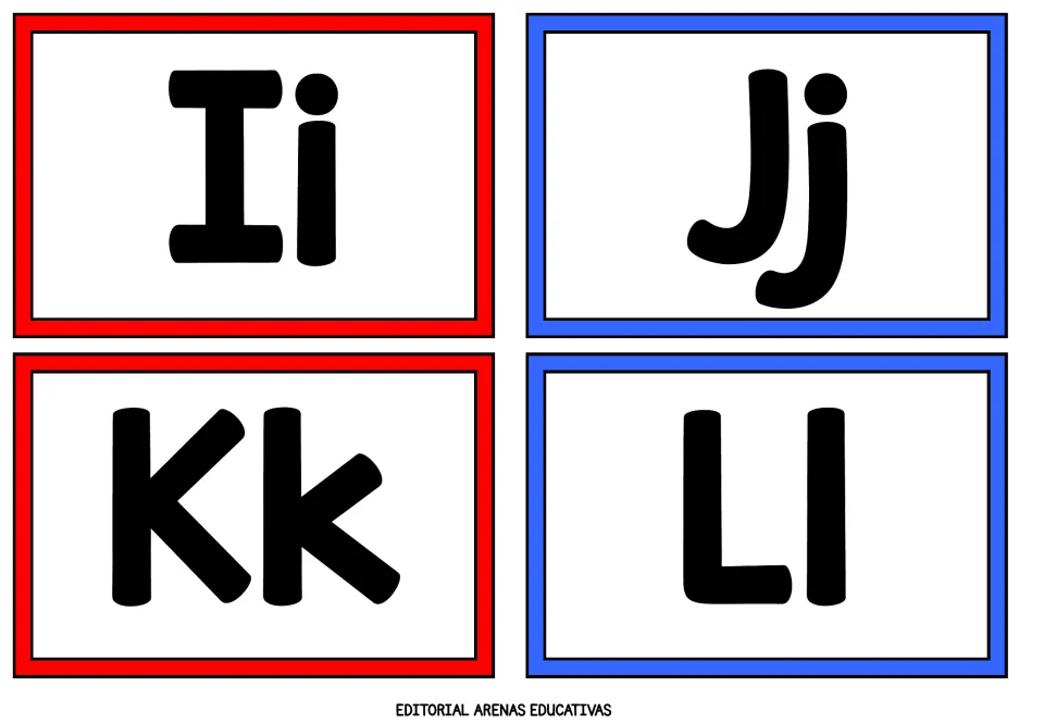 Letters Ii, Jj, Kk and Ll: four flashcards where students say the letter name for each capital and lowercase pair shown