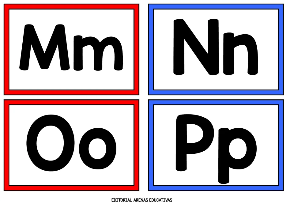 Letters Mm, Nn, Oo and Pp: four alphabet flashcards pairing capitals with lowercase letters for naming and recognition drills
