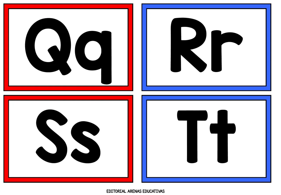 Letters Qq, Rr, Ss and Tt: four flashcards presenting upper and lowercase forms side by side for letter identification